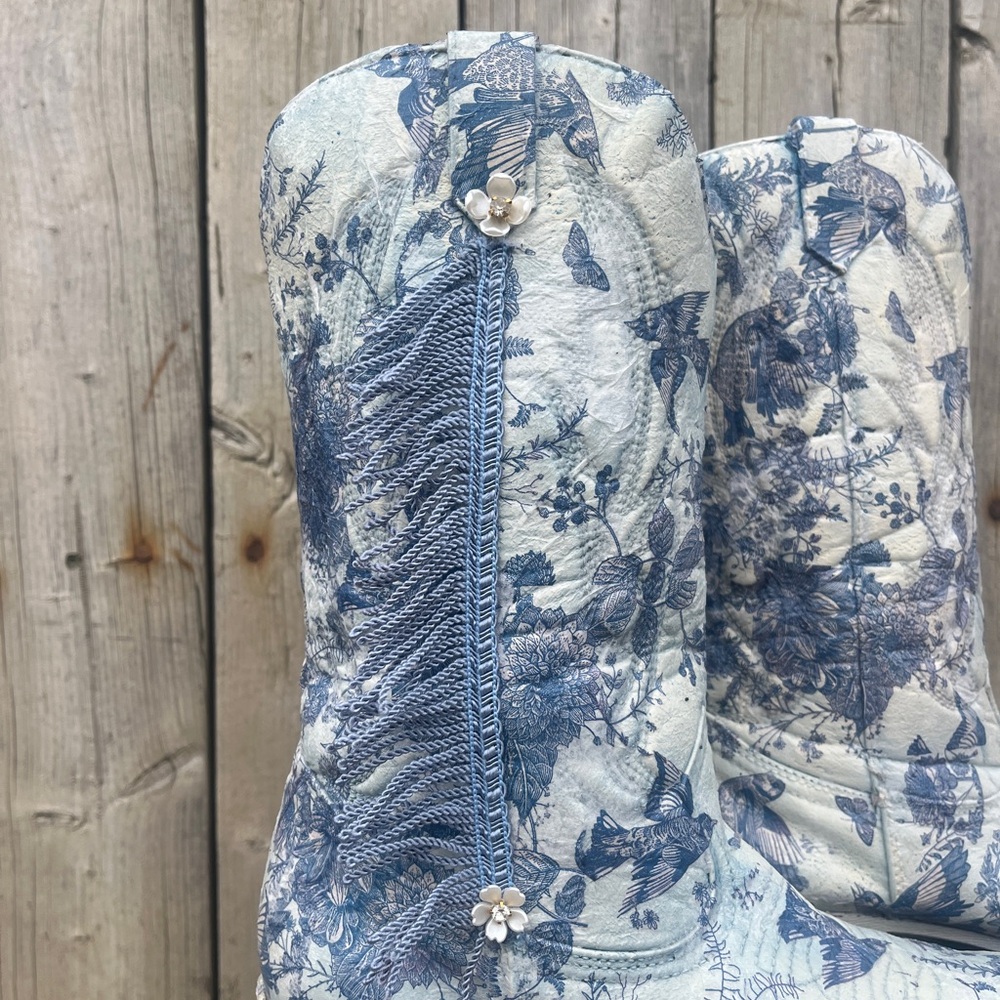 Floral Blue Fringe Women's Boots - Picture 2 of 8